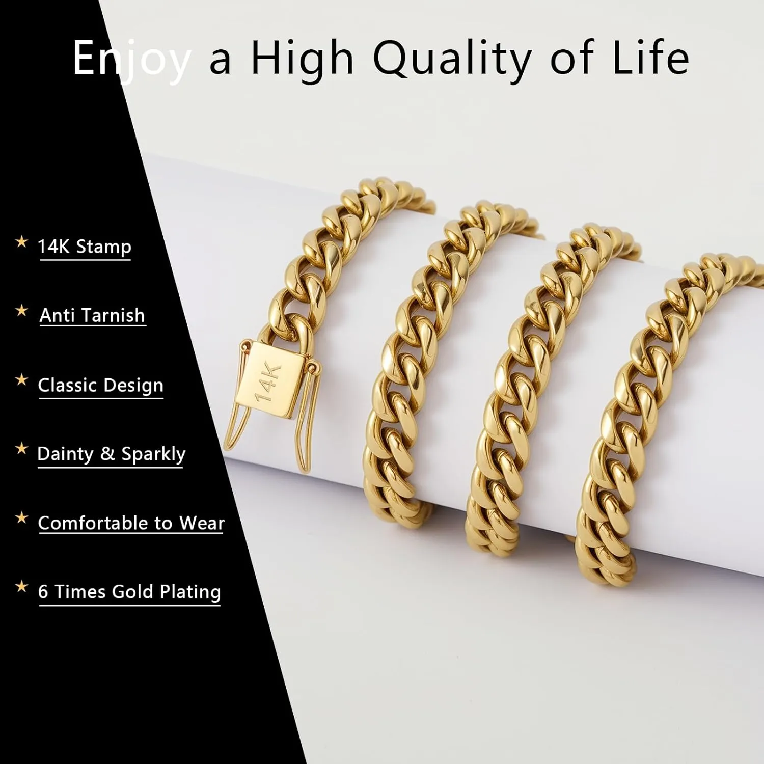 6mm 8mm 14K Real Gold Plated Miami Cuban Link Chain Bracelet 316L Stainless Steel Thick Hypoallergenic Hip Hop Jewelry for Mens Women Christmas Birthday Gift