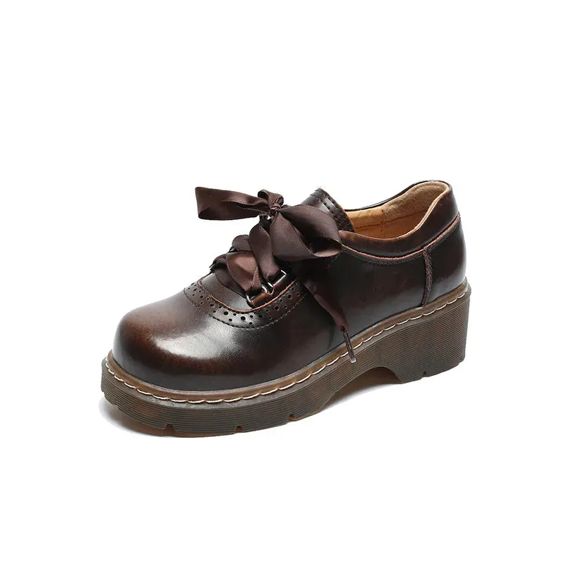 Aiertu Lace-up Retro Uniform Shoes Loafers College Style Jk Small Leather Shoes Brown Vintage Lace Round Head Women's Lolita Shoe