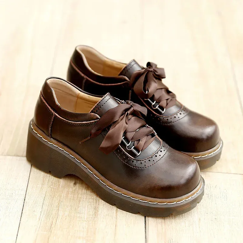 Aiertu Lace-up Retro Uniform Shoes Loafers College Style Jk Small Leather Shoes Brown Vintage Lace Round Head Women's Lolita Shoe