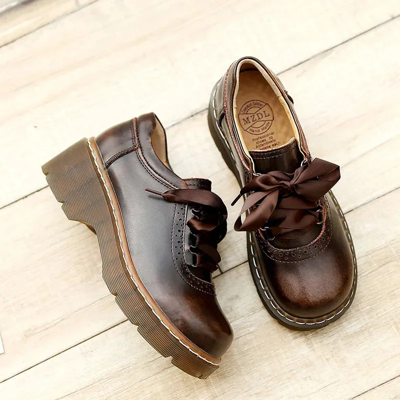 Aiertu Lace-up Retro Uniform Shoes Loafers College Style Jk Small Leather Shoes Brown Vintage Lace Round Head Women's Lolita Shoe