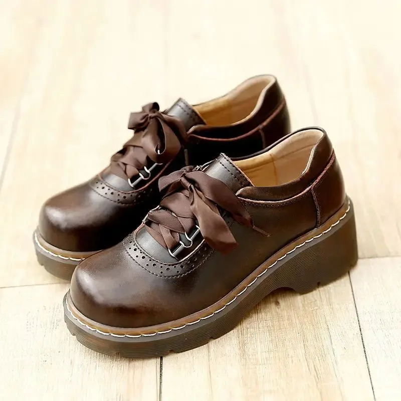 Aiertu Lace-up Retro Uniform Shoes Loafers College Style Jk Small Leather Shoes Brown Vintage Lace Round Head Women's Lolita Shoe