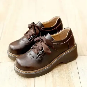 Aiertu Lace-up Retro Uniform Shoes Loafers College Style Jk Small Leather Shoes Brown Vintage Lace Round Head Women's Lolita Shoe