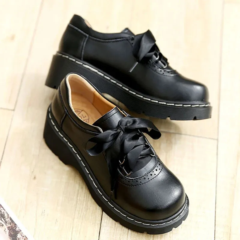 Aiertu Lace-up Retro Uniform Shoes Loafers College Style Jk Small Leather Shoes Brown Vintage Lace Round Head Women's Lolita Shoe