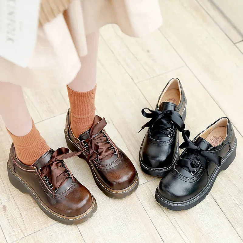 Aiertu Lace-up Retro Uniform Shoes Loafers College Style Jk Small Leather Shoes Brown Vintage Lace Round Head Women's Lolita Shoe