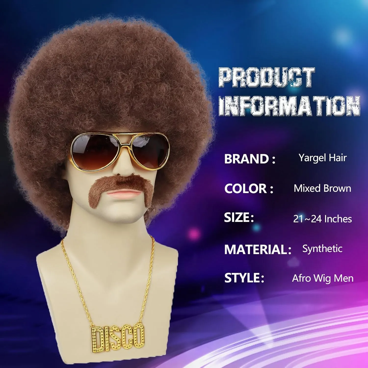 Brown Afro Wigs for Men 70s Rocker Disco Party 5pcs Set (Wig  Glasses  Disco Necklace  Mustache  Wig Cap) Afro Puff Wigs for 70s 80s Halloween Costume Cosplay Party Use (Mix Brown Color)