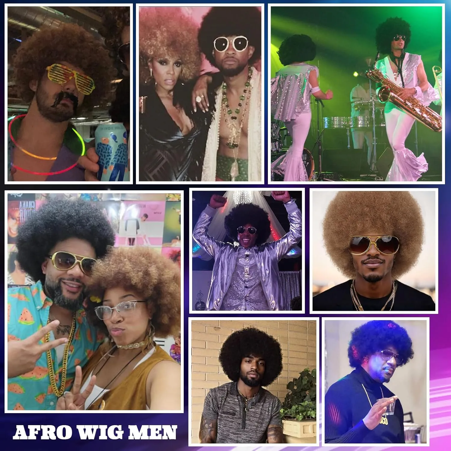 Brown Afro Wigs for Men 70s Rocker Disco Party 5pcs Set (Wig  Glasses  Disco Necklace  Mustache  Wig Cap) Afro Puff Wigs for 70s 80s Halloween Costume Cosplay Party Use (Mix Brown Color)