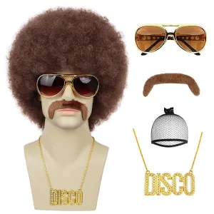 Brown Afro Wigs for Men 70s Rocker Disco Party 5pcs Set (Wig  Glasses  Disco Necklace  Mustache  Wig Cap) Afro Puff Wigs for 70s 80s Halloween Costume Cosplay Party Use (Mix Brown Color)