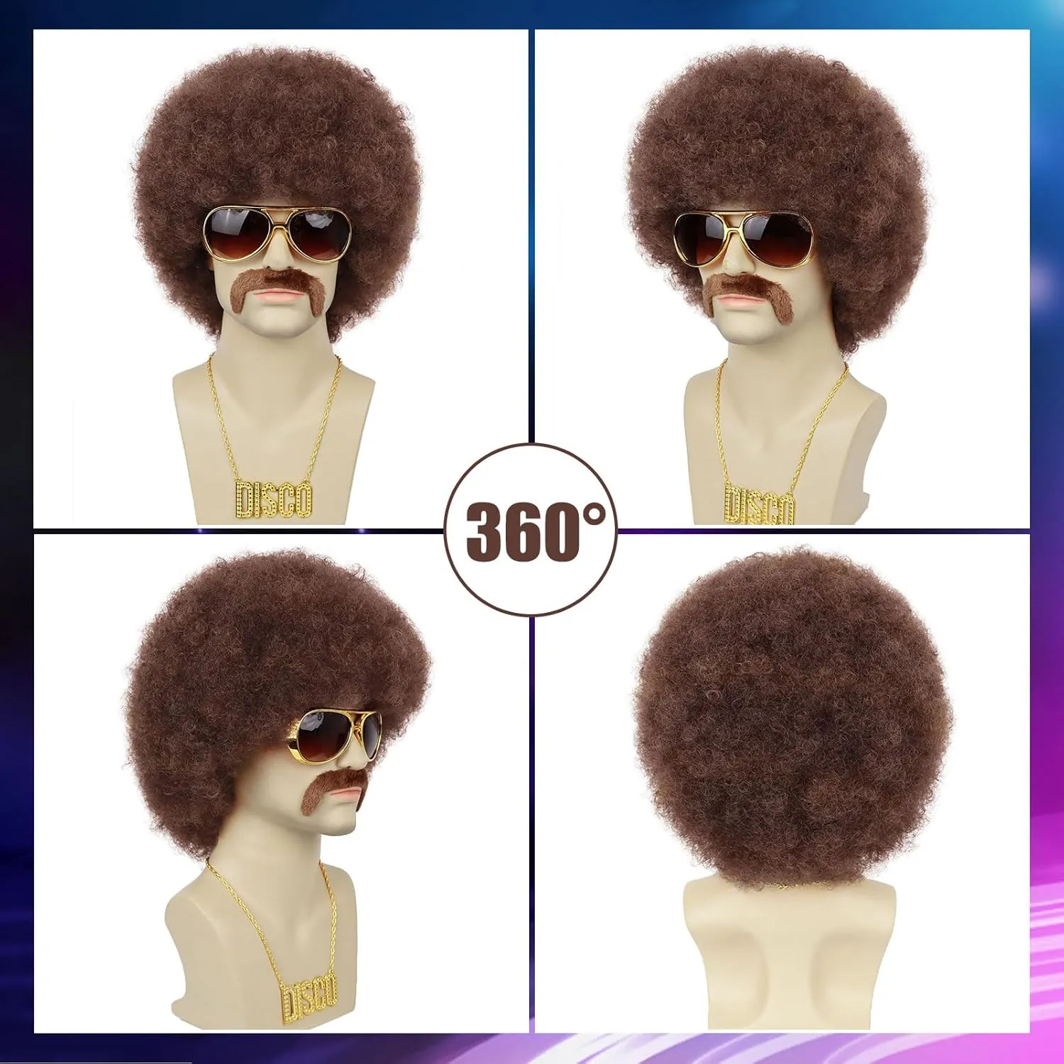 Brown Afro Wigs for Men 70s Rocker Disco Party 5pcs Set (Wig  Glasses  Disco Necklace  Mustache  Wig Cap) Afro Puff Wigs for 70s 80s Halloween Costume Cosplay Party Use (Mix Brown Color)