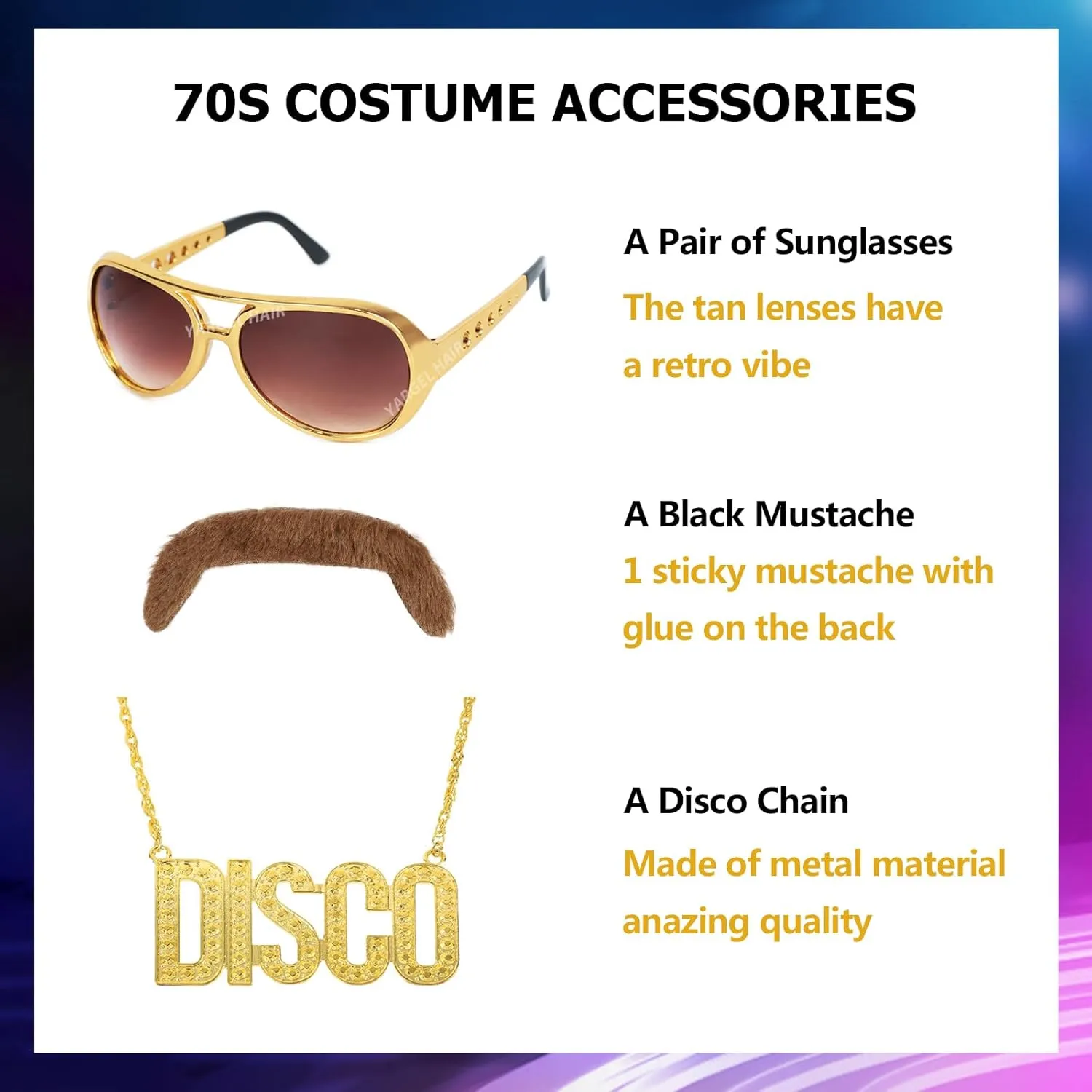 Brown Afro Wigs for Men 70s Rocker Disco Party 5pcs Set (Wig  Glasses  Disco Necklace  Mustache  Wig Cap) Afro Puff Wigs for 70s 80s Halloween Costume Cosplay Party Use (Mix Brown Color)