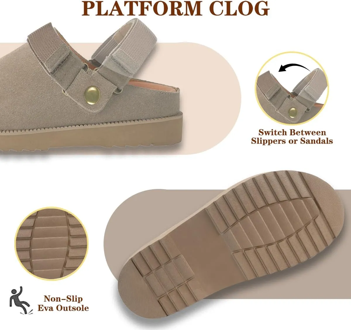 Clogs for Women Platform Clogs Slippers Classic Suede Leather Mules with Arch Support Comfortable Slip-on Sandals Shoes for Indoor Outdoor
