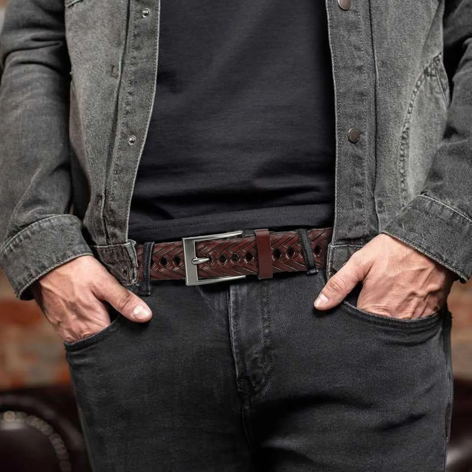DOOPAI Mens Belts, Braided Leather Dress Belt,Woven Braided Belts for Gift Men Casual Jeans Golf
