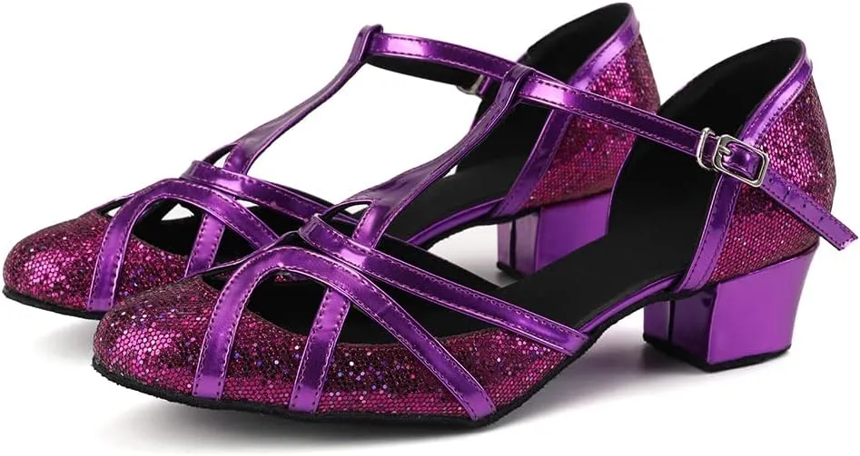 HIPPOSEUS Women's Latin Dance Shoes Champagne Closed Toe Sparkle Low Heel Ballroom Salsa Tango Dance Performance Shoes,Model 2040