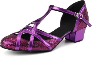 HIPPOSEUS Women's Latin Dance Shoes Champagne Closed Toe Sparkle Low Heel Ballroom Salsa Tango Dance Performance Shoes,Model 2040