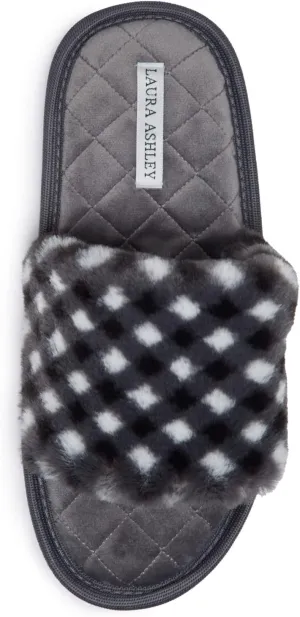 Laura Ashley Open Toe Fluffy Band Slippers for Women with Non-Skid Rugged Sole, Plush Terry Slippers for Ladies