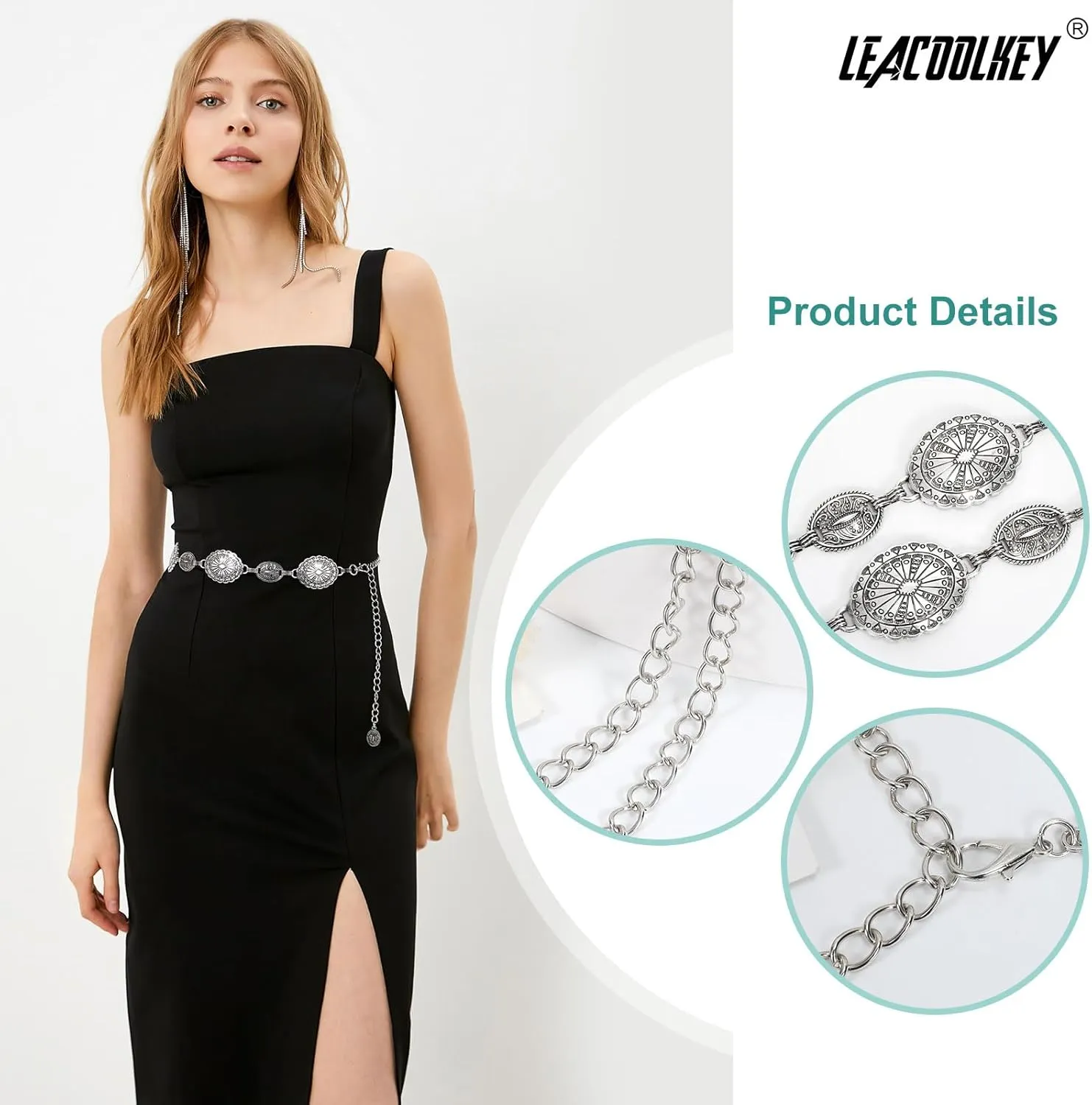 LEACOOLKEY Women Turquoise Concho Chain Waist Belt Silver Western Cowgirl Metal Chain Belt for Dress Adjustable
