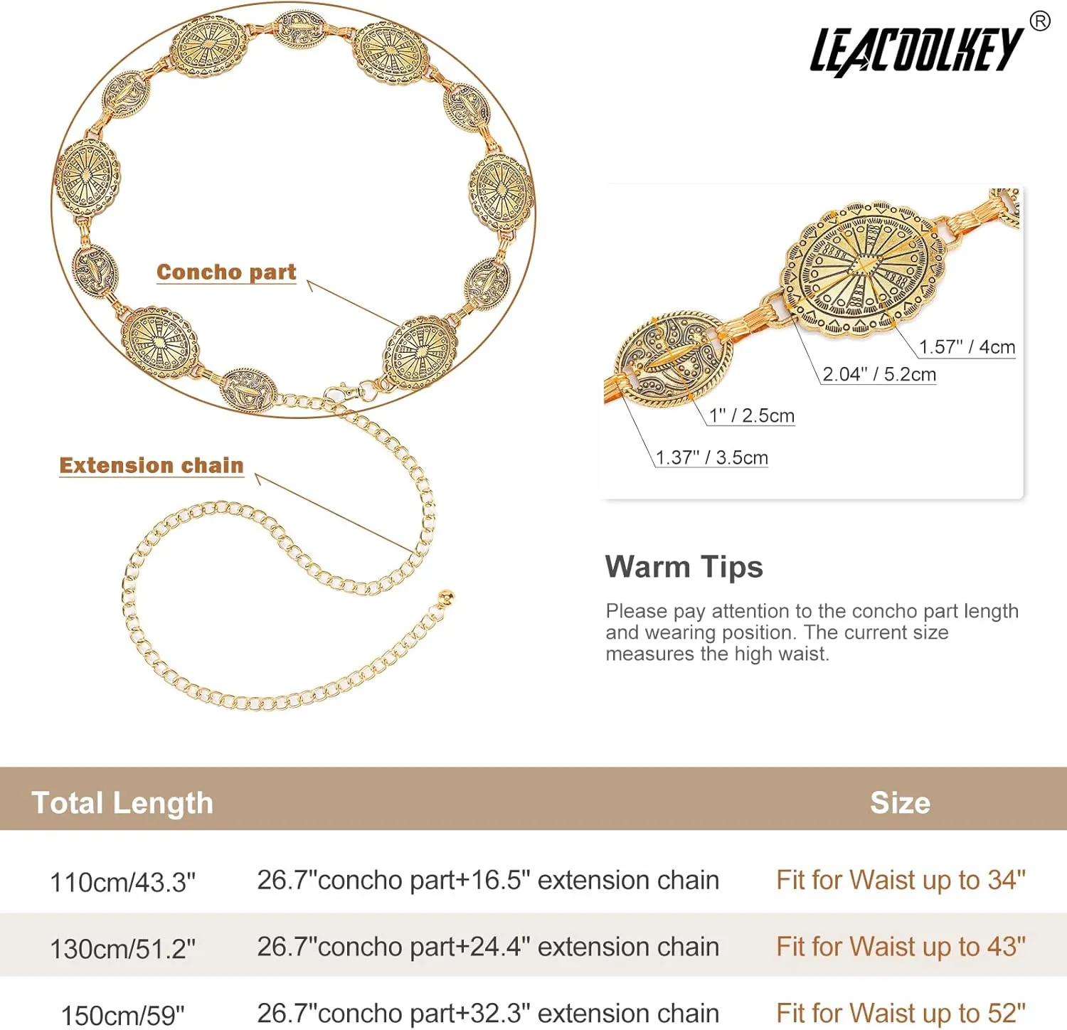 LEACOOLKEY Women Turquoise Concho Chain Waist Belt Silver Western Cowgirl Metal Chain Belt for Dress Adjustable