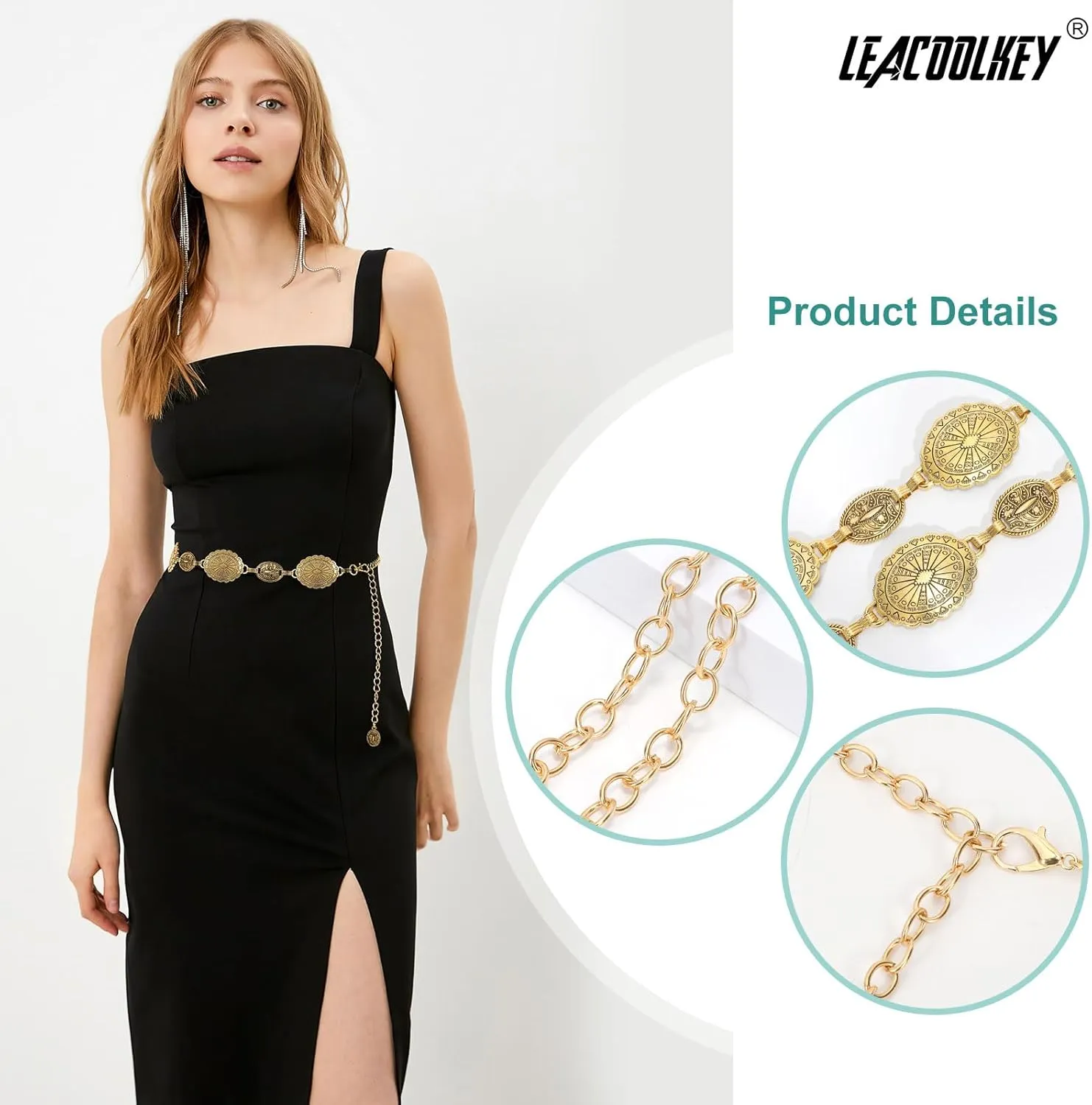 LEACOOLKEY Women Turquoise Concho Chain Waist Belt Silver Western Cowgirl Metal Chain Belt for Dress Adjustable