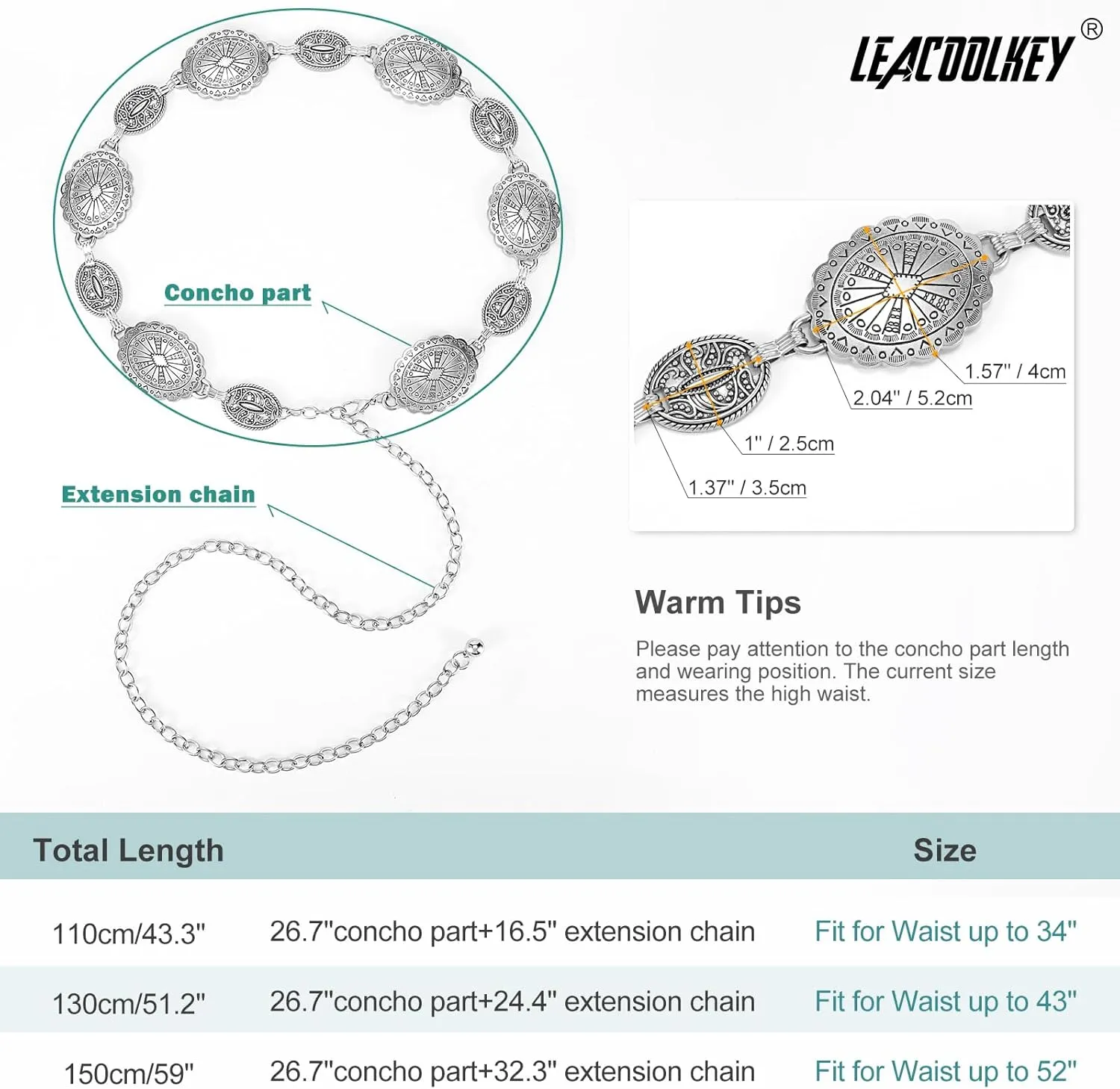 LEACOOLKEY Women Turquoise Concho Chain Waist Belt Silver Western Cowgirl Metal Chain Belt for Dress Adjustable