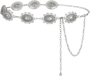 LEACOOLKEY Women Turquoise Concho Chain Waist Belt Silver Western Cowgirl Metal Chain Belt for Dress Adjustable