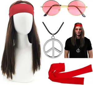MOVINPE Hippie Accessories for Men - Hippie Wig Sunglasses Hippie Peace Necklace -Halloween Costume 70s Disco Style 60s Outfit 80s Fancy Dress 80s Night - Retro Men Women