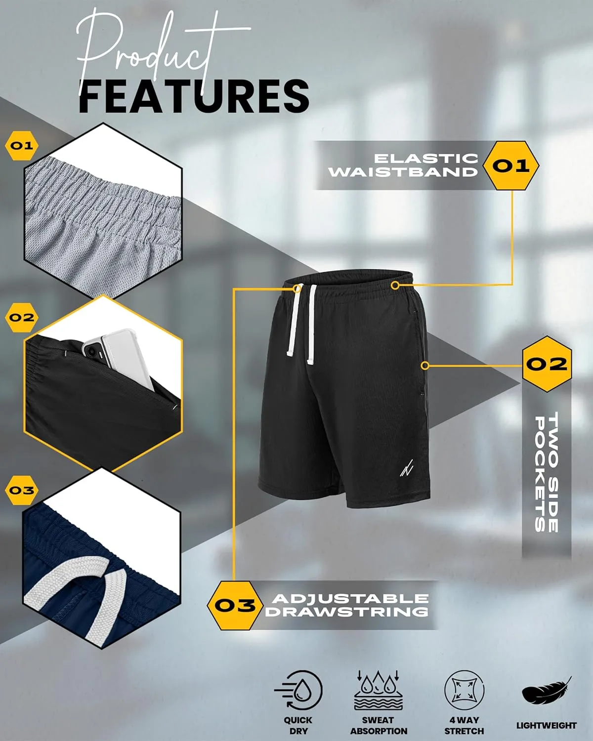 NY Threads 3 Pack Men's Athletic Shorts Quick Dry Lightweight Workout Running Gym Shorts with Pockets