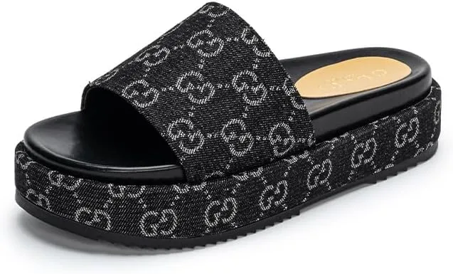 Women's Platform Slides Canvas Sandals Comfortable Open Toe Sandals for Summer Beach