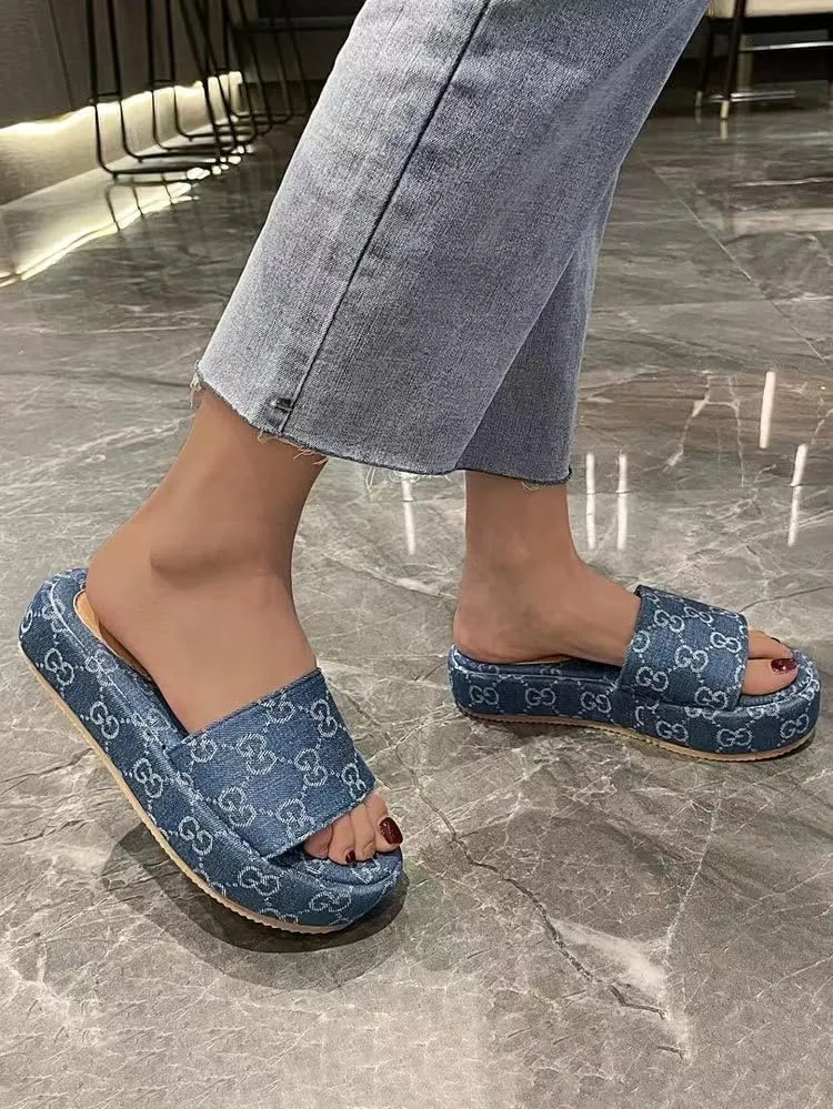 Women's Platform Slides Canvas Sandals Comfortable Open Toe Sandals for Summer Beach