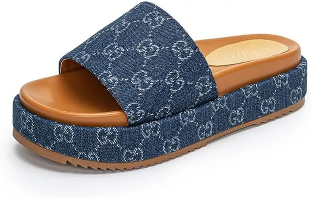 Women's Platform Slides Canvas Sandals Comfortable Open Toe Sandals for Summer Beach
